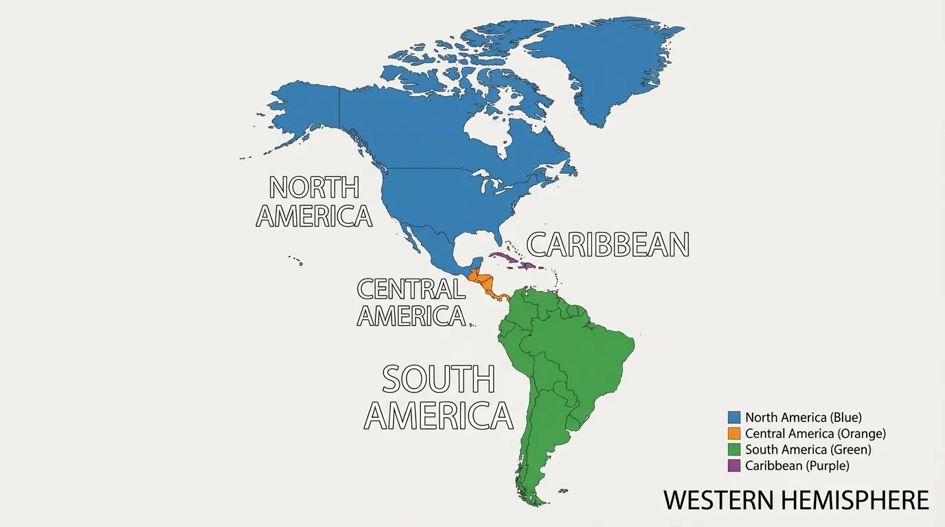 Map of the Western Hemisphere highlighting North America, Central America, South America, and the Caribbean islands with simple labels