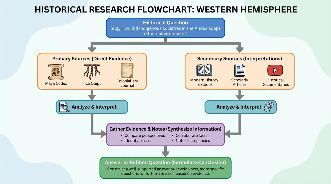 Flowchart showing a question at the top, arrows to primary and secondary sources, then to notes/evidence boxes, then to a final answer box
