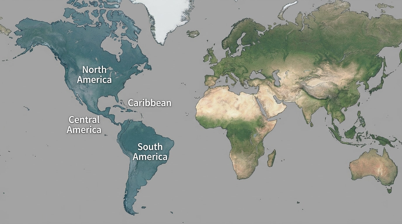 A world map centered on the Americas, with the Western Hemisphere shaded and regions labeled: North America, Central America, Caribbean, South America