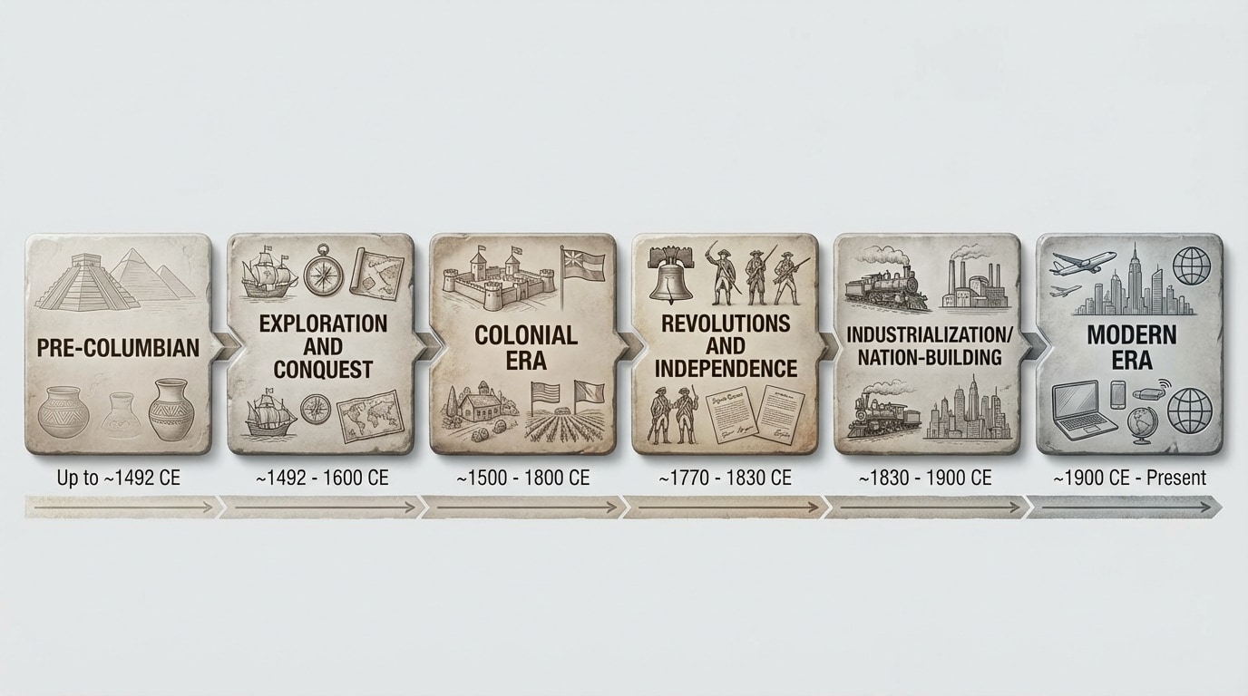 Timeline of major historical eras in the Western Hemisphere, labeled Pre-Columbian, Exploration and Conquest, Colonial Era, Revolutions and Independence, Industrialization/Nation-Building, Modern Era, with rough dates beneath each segment
