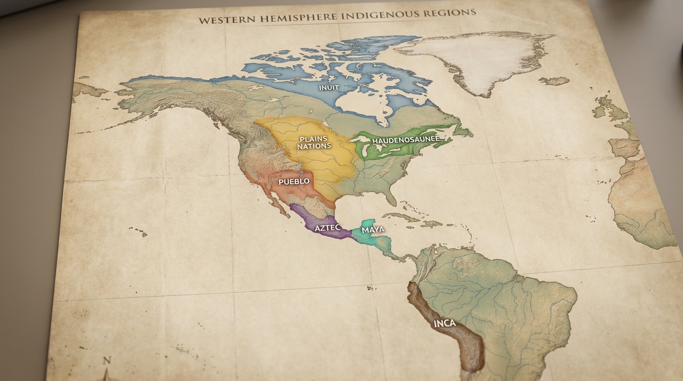 Map of the Western Hemisphere showing regions of the Maya in Mesoamerica, Aztec in central Mexico, Inca along the Andes, and selected North American Indigenous cultural areas such as the Haudenosaunee in the Northeast, Plains nations in the center, Pueblo in the Southwest, and Inuit in the Arctic