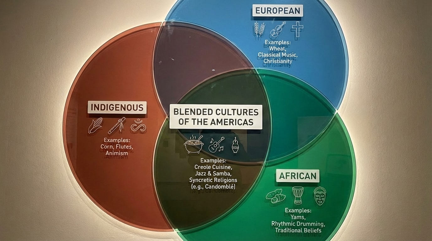 Venn diagram showing three circles labeled Indigenous, African, and European, with examples in each (foods, music styles, religions), and overlap area labeled "Blended Cultures of the Americas"