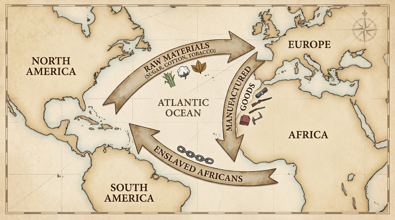 Map of the Atlantic showing triangular trade routes among Europe, Africa, and the Americas, with arrows for manufactured goods to Africa, enslaved Africans to the Americas, and raw materials (sugar, cotton, tobacco) to Europe