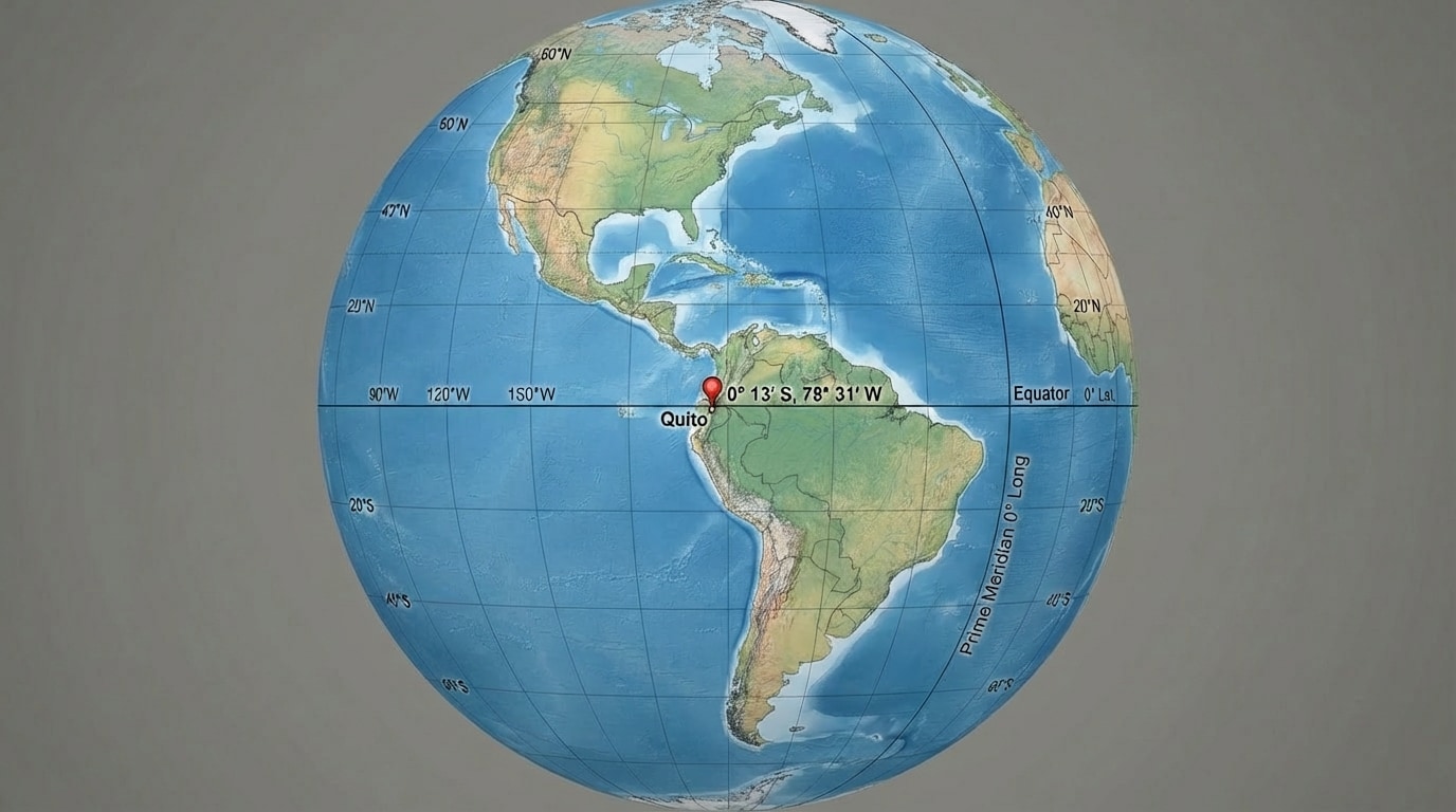 Globe focused on Western Hemisphere, with equator, prime meridian, and latitude/longitude lines labeled, plus example coordinates marked on a city