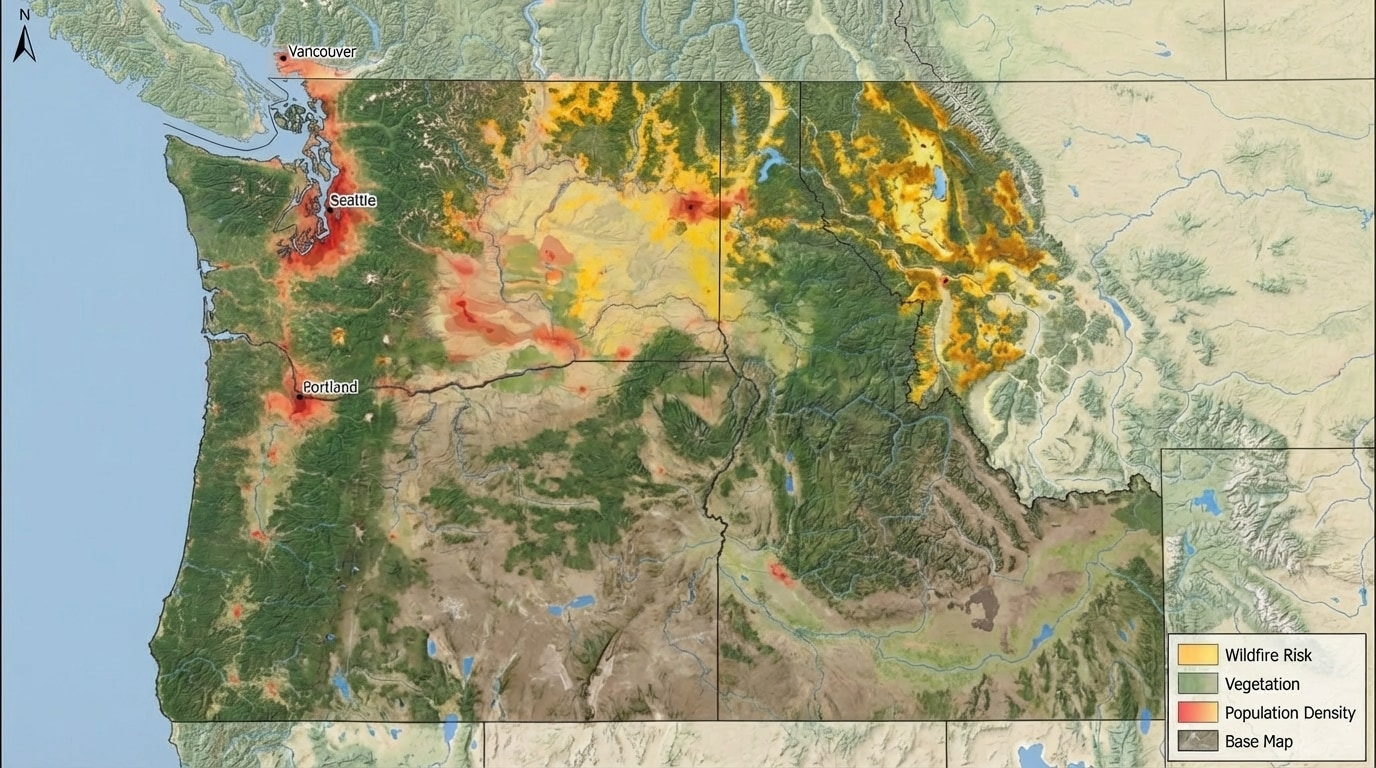 Simple GIS-style layered map of a Western Hemisphere region (e.g., western North America) showing overlapping transparent layers: base map, vegetation, population density, and wildfire risk