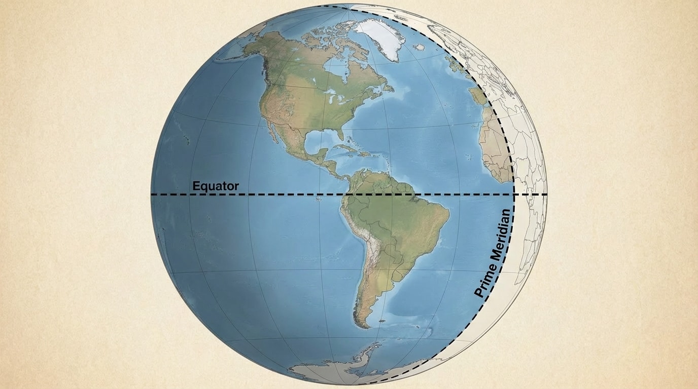 World map showing the Western Hemisphere shaded, with the equator and prime meridian labeled clearly.