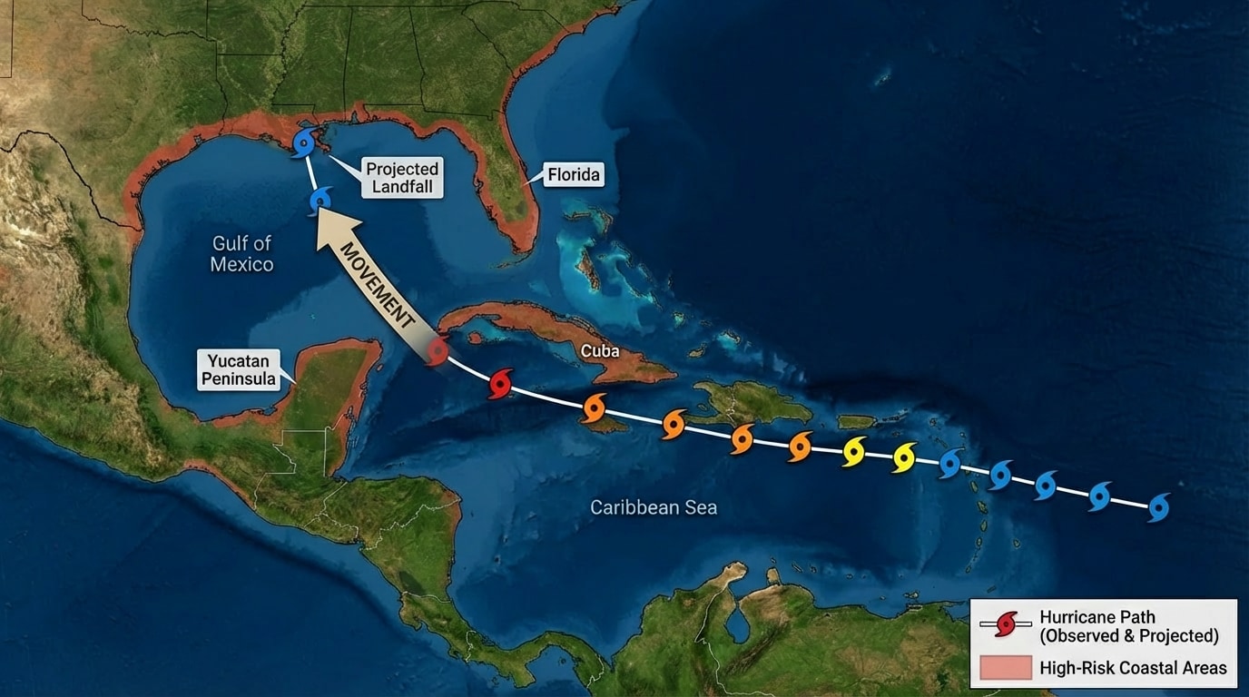 Map of the Caribbean and Gulf of Mexico with a hurricane path marked by symbols and shaded high-risk coastal areas.