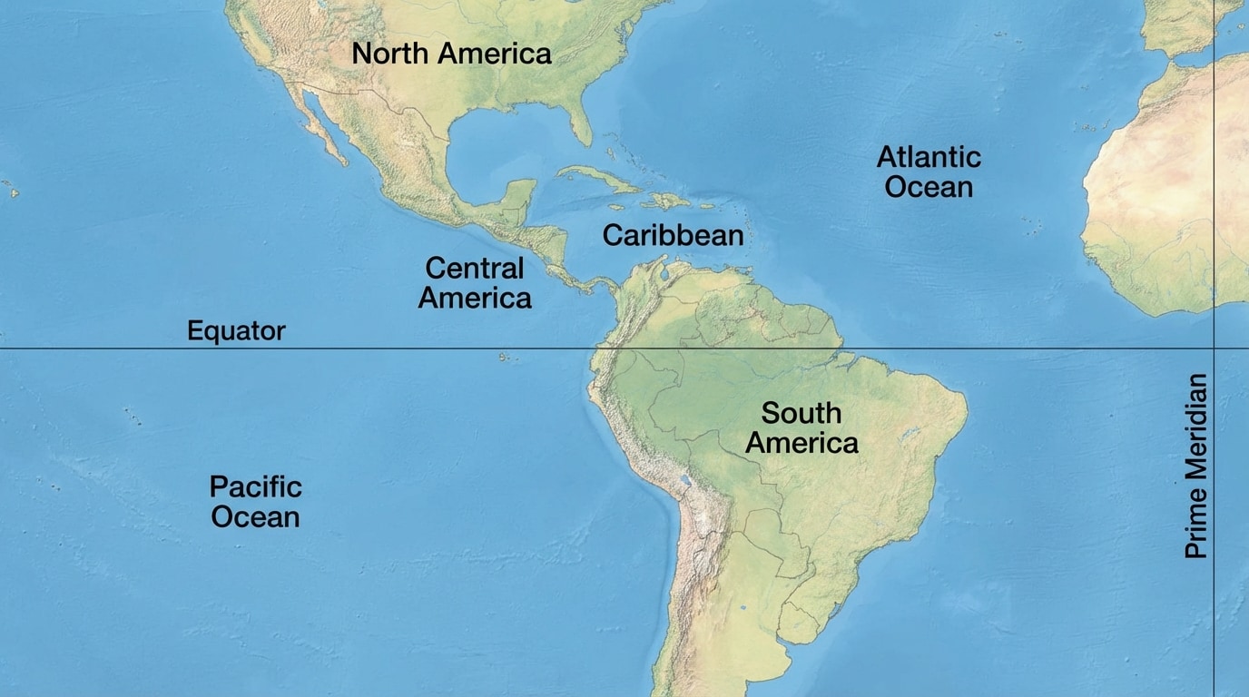 Simple color map of the Western Hemisphere with major regions labeled: North America, South America, Central America, Caribbean, Atlantic and Pacific Oceans, and equator/prime meridian lines