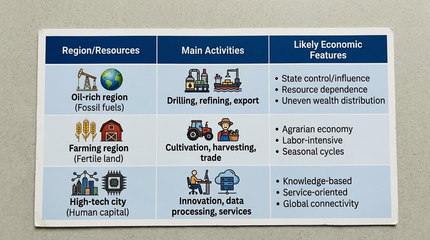 A simple chart with three columns labeled “Region/Resources”, “Main Activities”, and “Likely Economic Features”, using examples like oil-rich region, farming region, and high-tech city