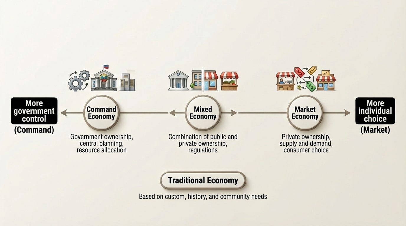A horizontal spectrum labeled on the left “More government control (Command)” and on the right “More individual choice (Market)”, with markers for Traditional (below the line, separate), Command, Mixed, and Market