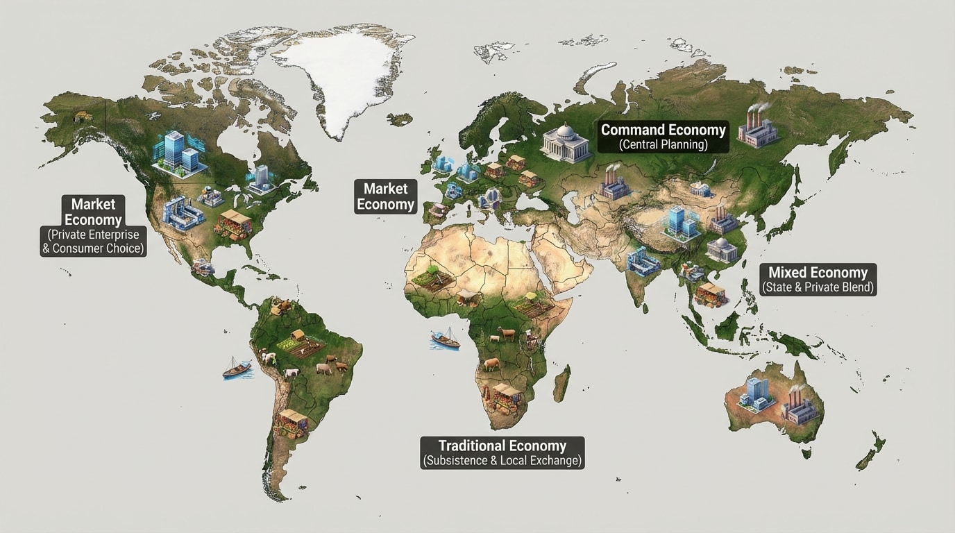 A world map with small icons showing different economic activities: farms, factories, open-air markets, government buildings, and tech offices in different regions, labeled with different economic systems