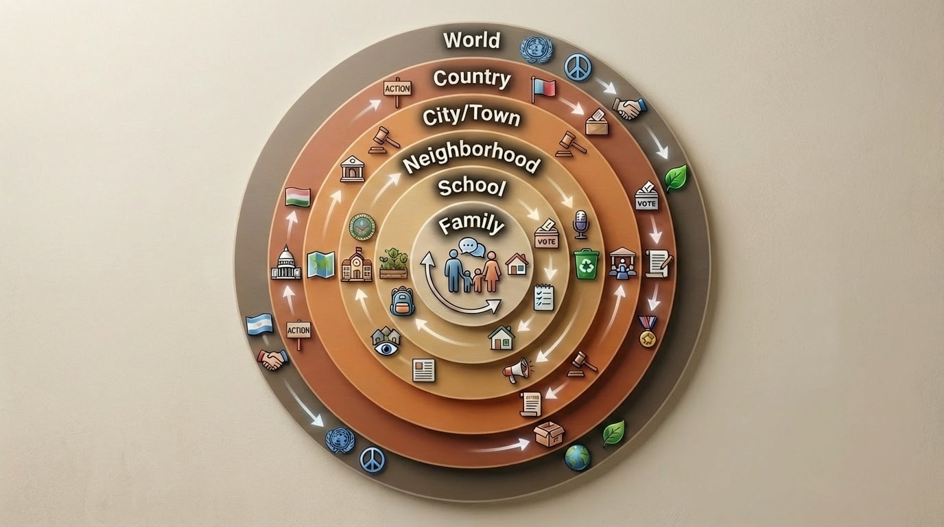 Concentric circles labeled from inside to outside: 'Family', 'School', 'Neighborhood', 'City/Town', 'Country', 'World', with arrows and icons showing different civic actions like voting, volunteering, protesting at each level