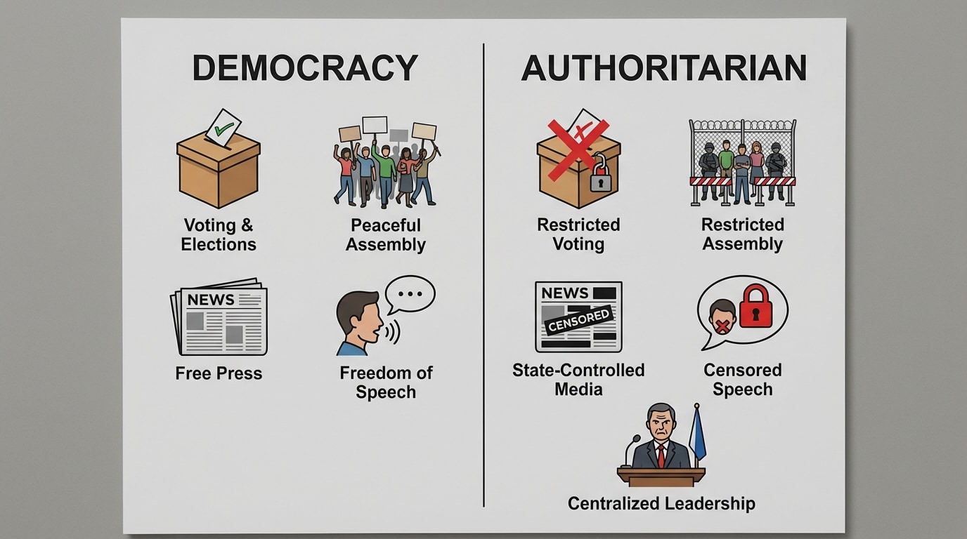 Two-column comparison chart. Left column titled 'Democracy' with icons for ballot box, protest march, newspaper, speech bubble; right column titled 'Authoritarian' with icons showing restricted or crossed-out versions of the same actions, plus a single leader at a podium