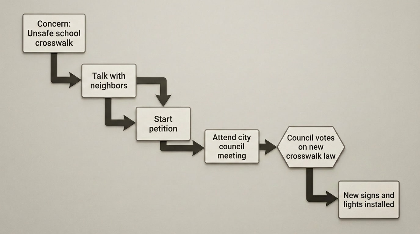 Flowchart starting with 'Concern: Unsafe school crosswalk' leading to 'Talk with neighbors', 'Start petition', 'Attend city council meeting', 'Council votes on new crosswalk law', ending with 'New signs and lights installed'