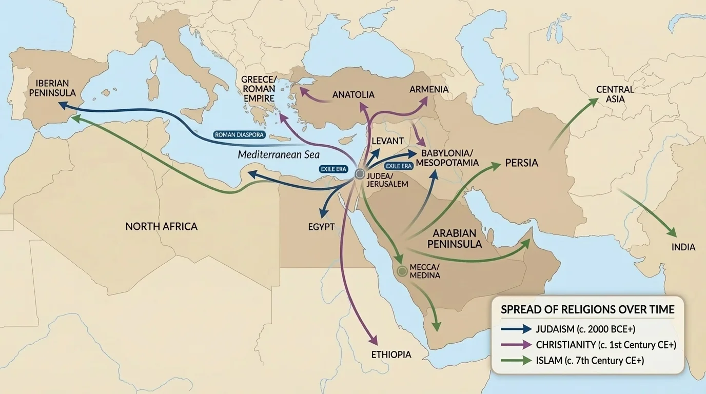 Simplified map of the Eastern Mediterranean and Arabian Peninsula with arrows showing the spread of Judaism, Christianity, and Islam outward over time.