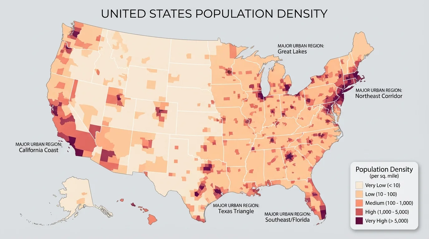 Thematic map of the United States shaded by population density, highlighting major urban regions