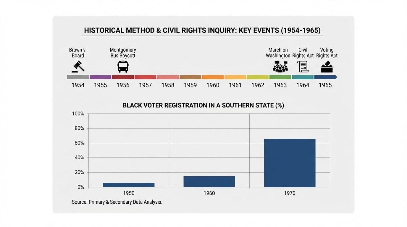 Combined visual with a horizontal timeline from 1954 to 1965 marking Brown v. Board, Montgomery Bus Boycott, March on Washington, Civil Rights Act, and Voting Rights Act, plus a simple bar graph beside it showing Black voter registration in a Southern state for 1950, 1960, 1970.