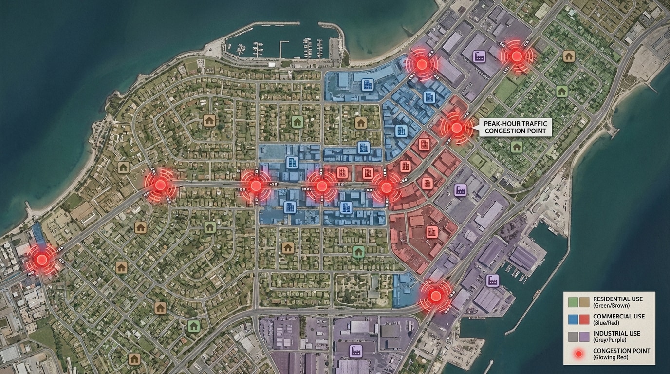 City map showing residential, commercial, and industrial land uses with symbols highlighting peak-hour traffic congestion points
