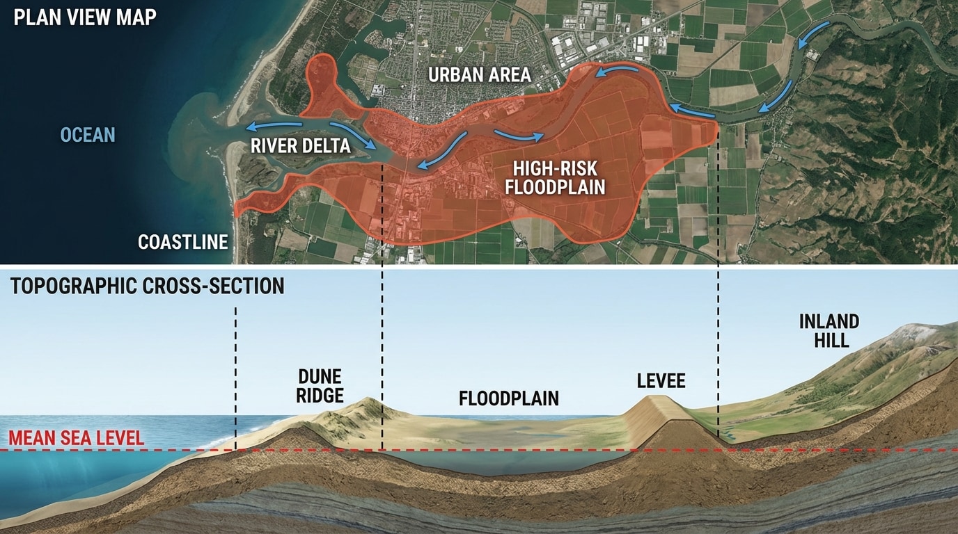 Topographic cross-section and map of a coastal region with low-lying floodplain highlighted as high-risk zone