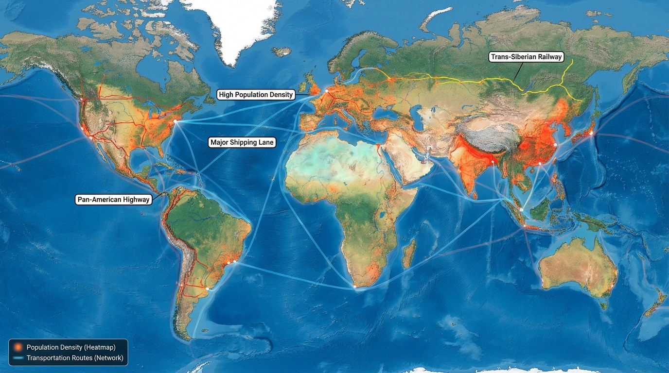 World map showing base physical features with transparent layers for population density and major transportation routes
