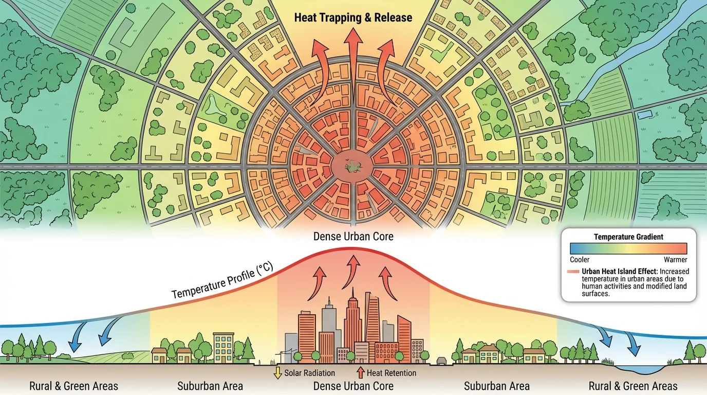 Cross-section or overhead schematic of a city showing a dense built-up core with less vegetation and higher temperature colors versus surrounding green areas with lower temperatures; arrows indicating heat retention and a legend for temperature