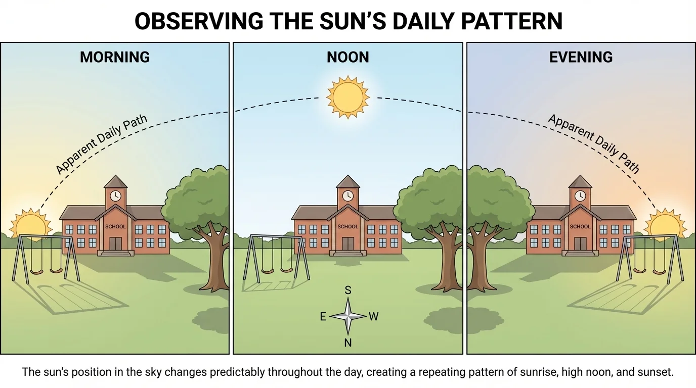 Same schoolyard across one day with the sun low in the morning, high at noon, and low in the evening, showing its path across the sky