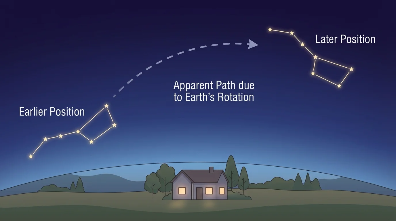 Night sky over a house showing the same simple star group in an earlier position and a later position across the sky, with the group shape staying the same