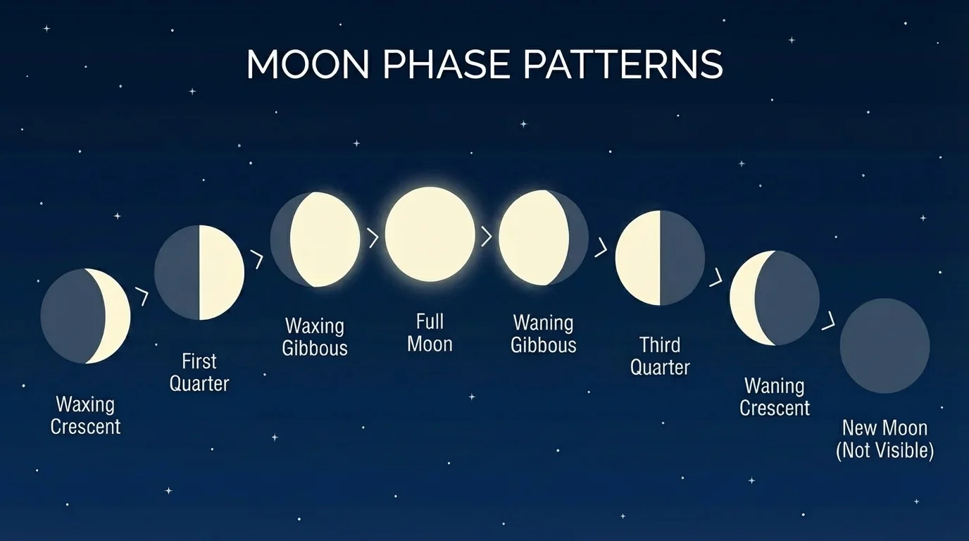Simple sequence of moon shapes in order, from thin crescent to half moon to full moon and back, on a dark sky background
