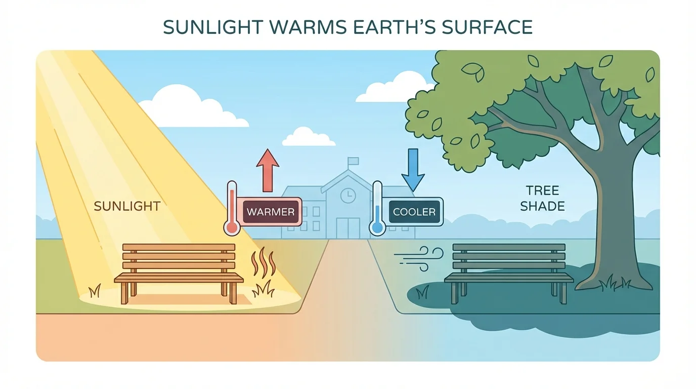 Schoolyard with one bench in bright sun and another under a tree in shade, showing sunny ground warmer and shaded ground cooler