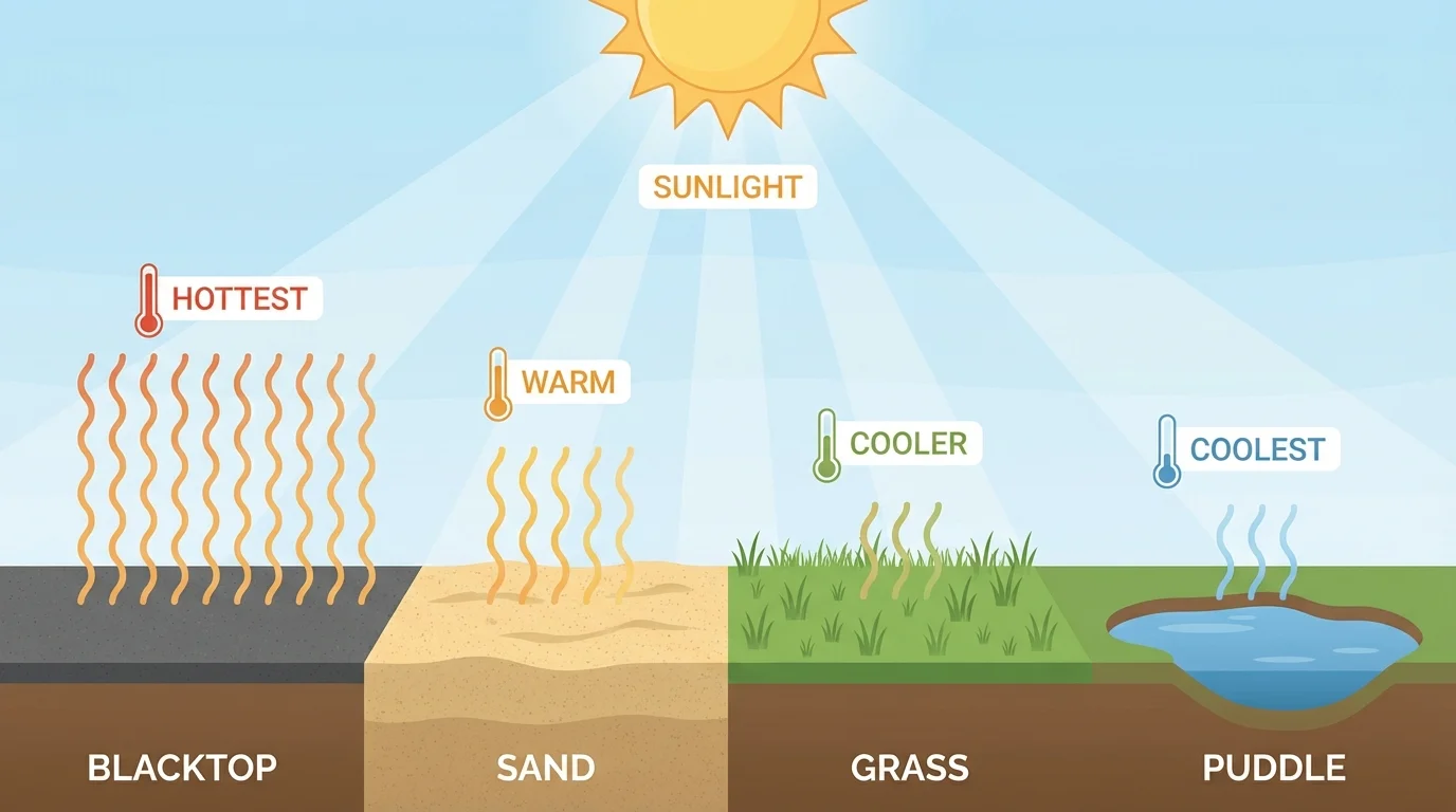 Side-by-side playground scene showing sand, grass, blacktop, and a puddle under sunlight, with simple visual hints that some are warmer than others
