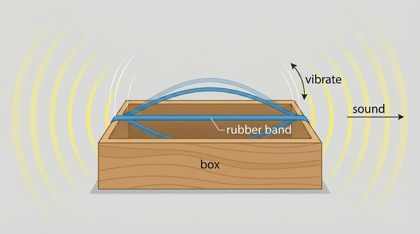 Rubber band stretched over a box, shown in several positions moving back and forth, with simple labels 'vibrate' and 'sound'