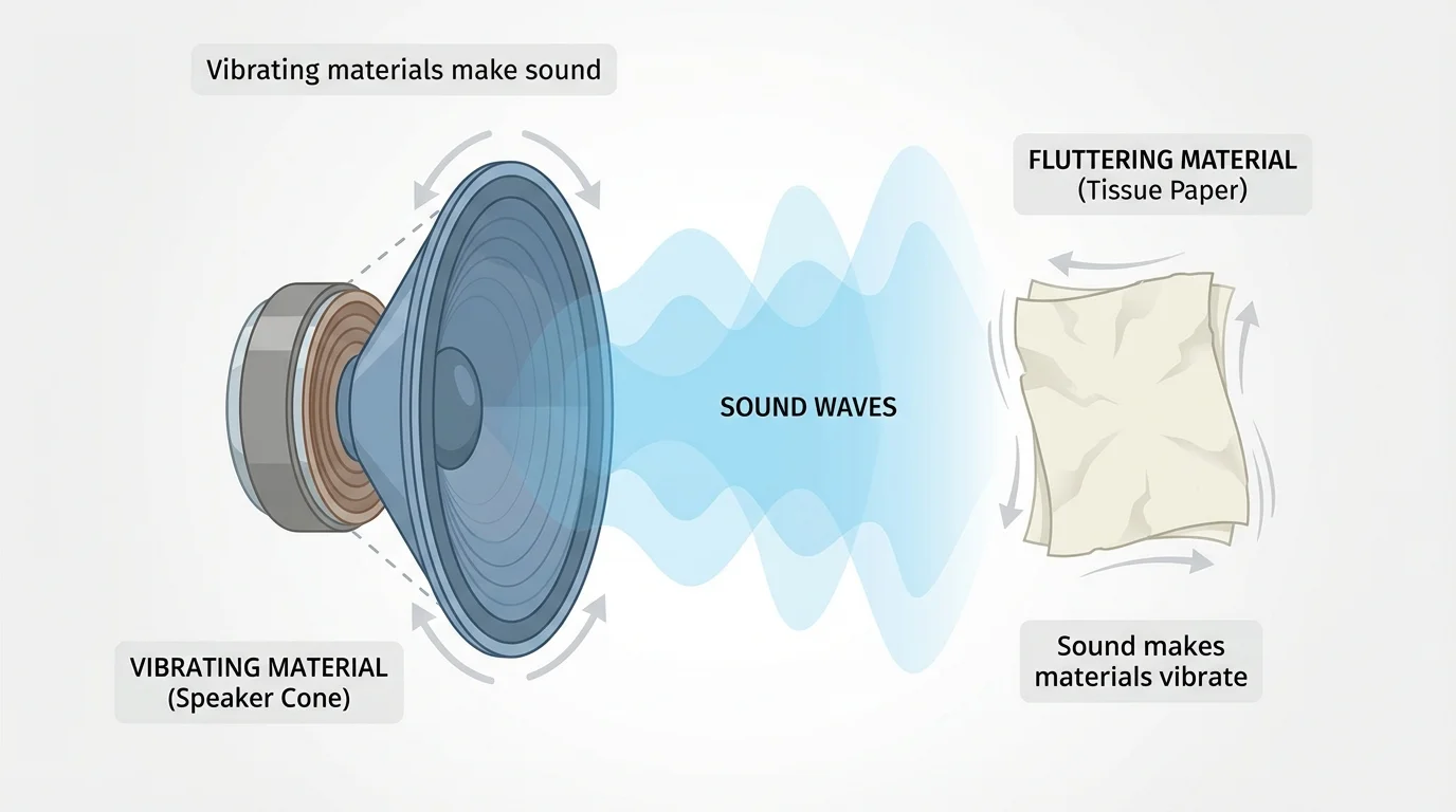 Speaker cone moving in and out with a small piece of tissue in front fluttering from the sound