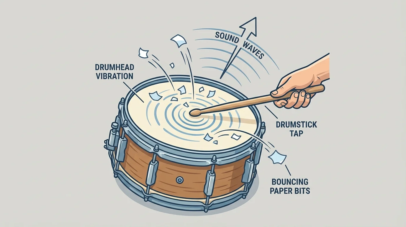 Drum being tapped with small paper bits on top bouncing upward from the vibration