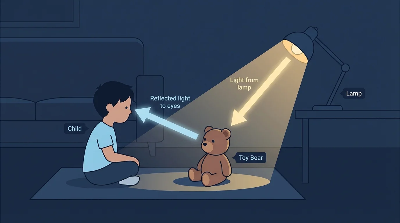 child looking at a toy bear lit by a lamp, with arrows showing light from lamp to toy to eyes