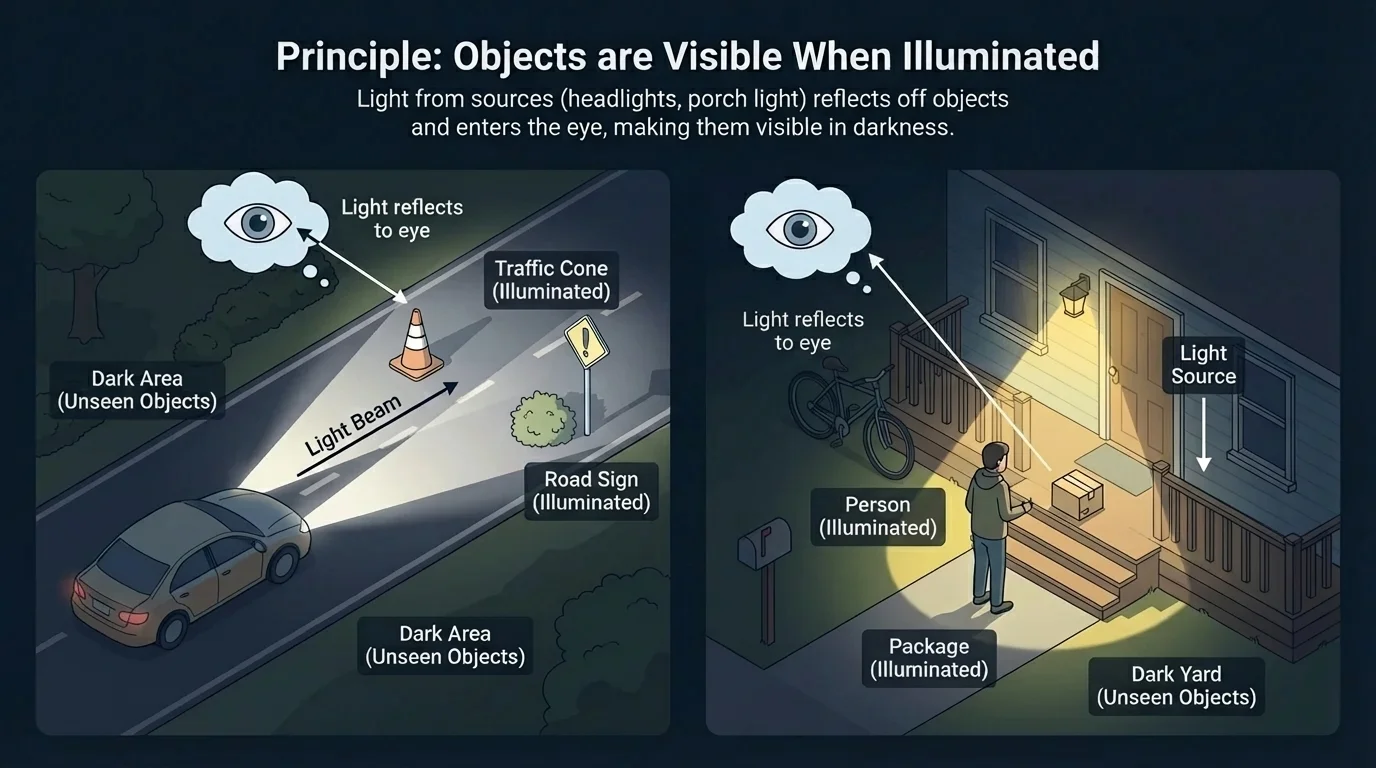 car headlights lighting a road and a porch light lighting steps at night