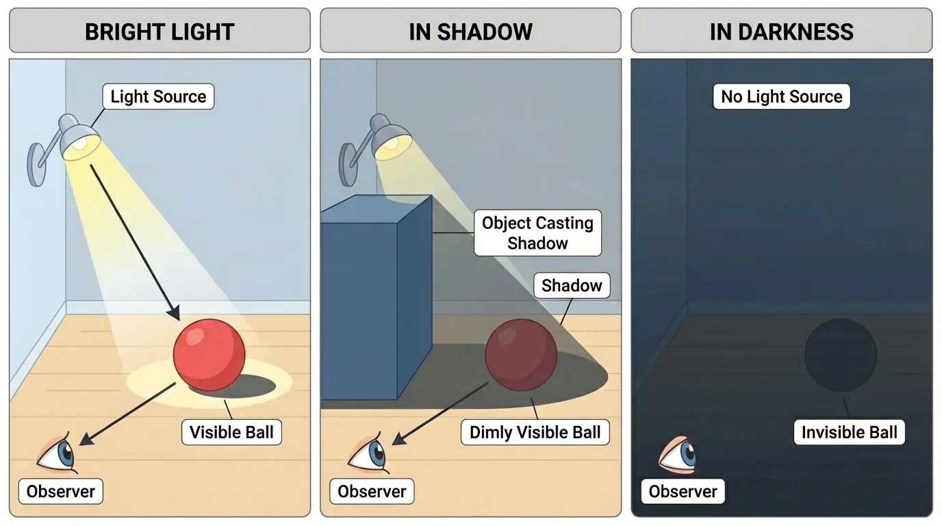 side-by-side room scene showing a ball in bright light, in shadow, and in darkness