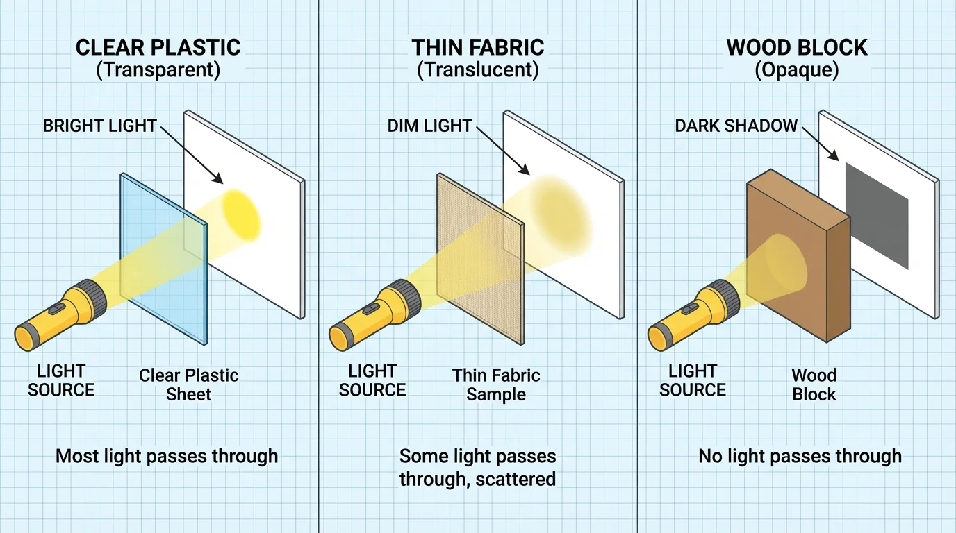 Simple comparison chart showing three tested materials and the results: bright light through clear plastic, dim light through thin fabric, dark shadow from wood block