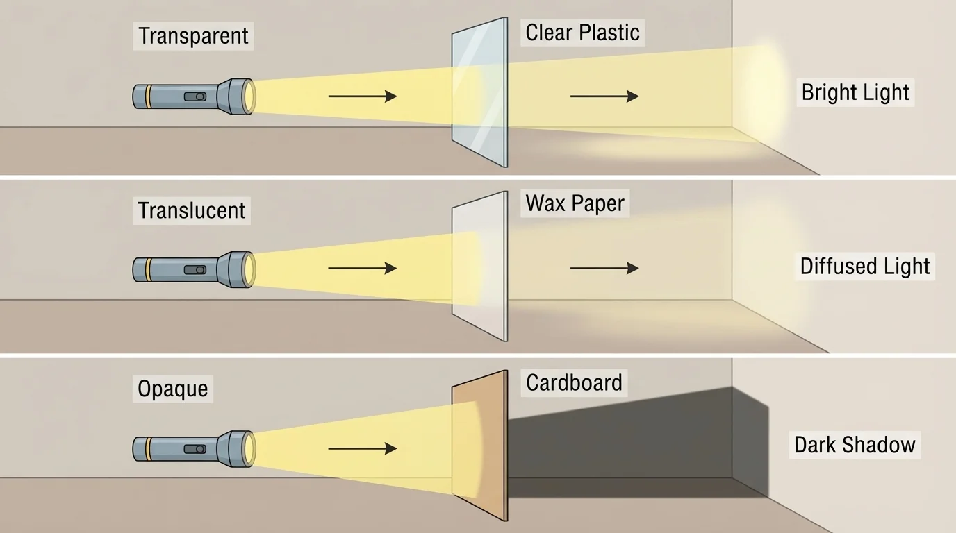 Flashlight shining toward three materials: clear plastic letting most light through, wax paper letting some light through, cardboard blocking light and making a dark shadow
