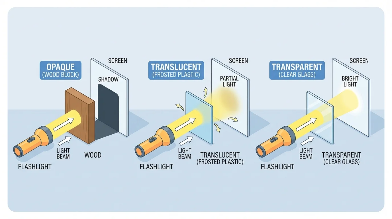 Child-friendly science setup showing a flashlight, test material held in the beam, and a wall or paper screen behind it, with equal spacing for each test