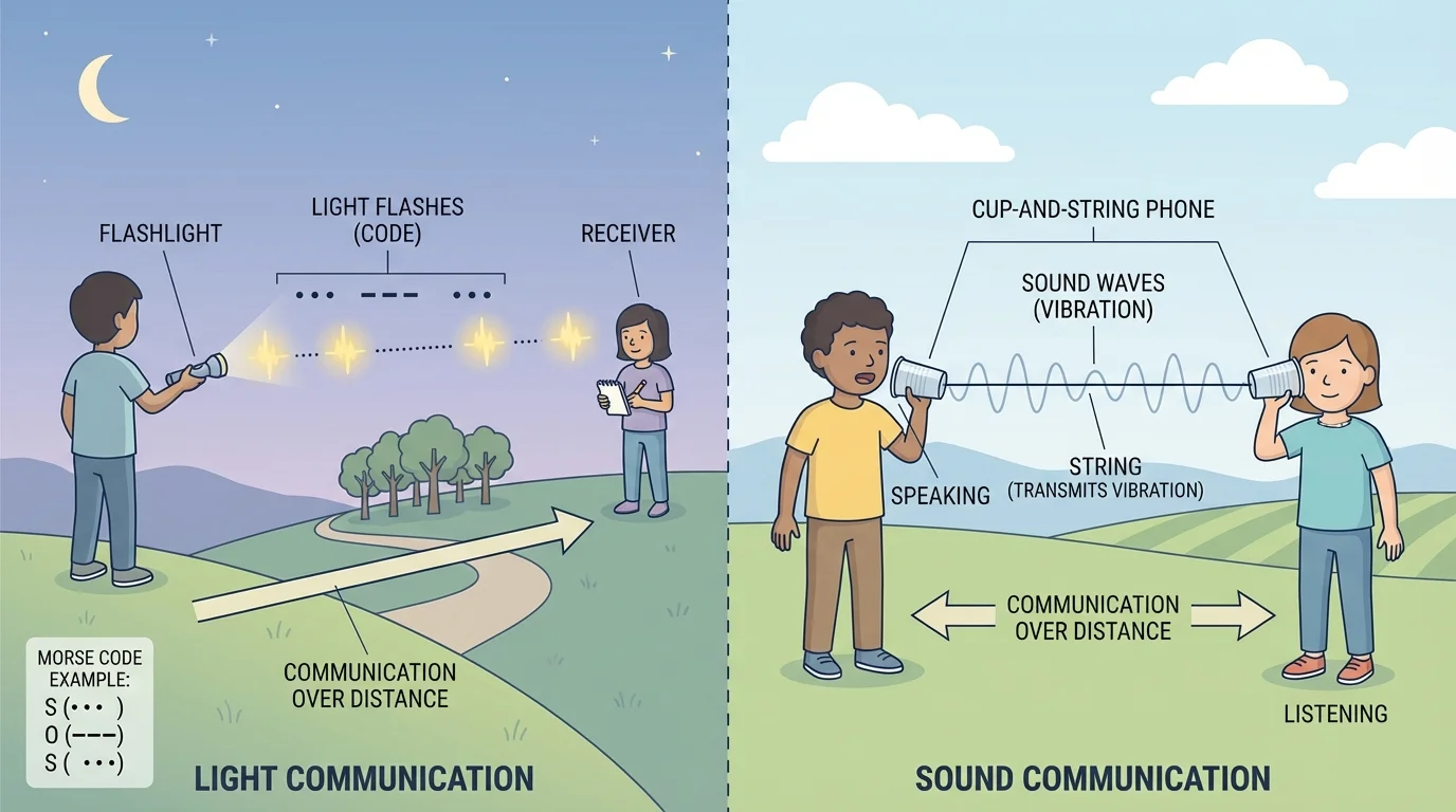 Side-by-side scene of two children communicating over distance, one sending flashlight flashes and one using a cup-and-string phone