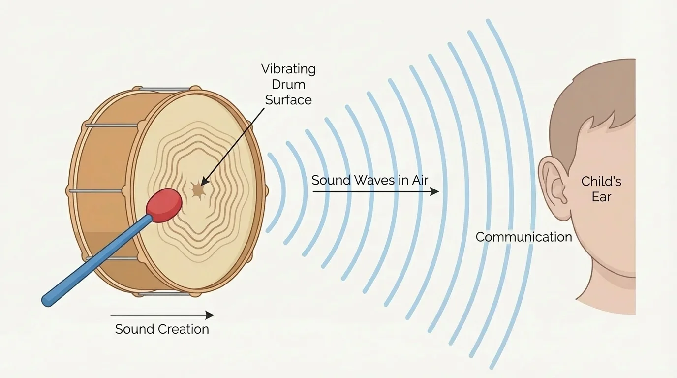 Labeled diagram of a drum being tapped, vibrating drum surface, sound moving through air toward a child's ear
