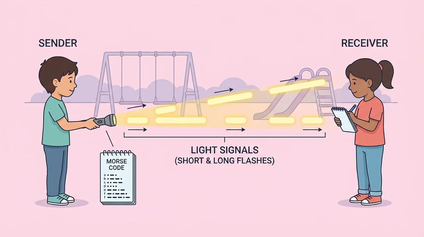 One child sending short and long flashlight flashes across a playground to another child watching
