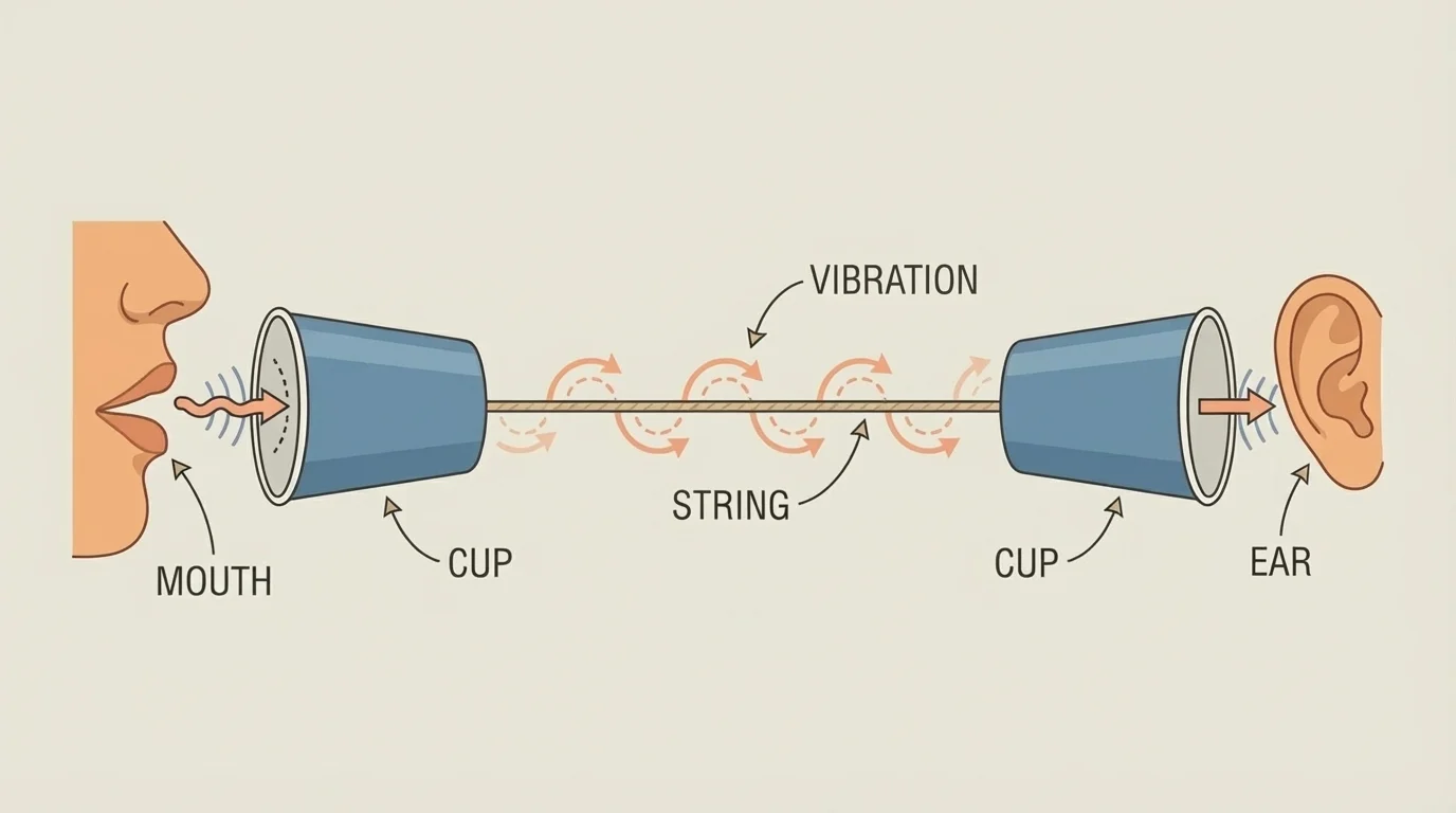 Two paper cups connected by a tight string, labeled cup, string, mouth, ear, with arrows showing vibration moving along the string