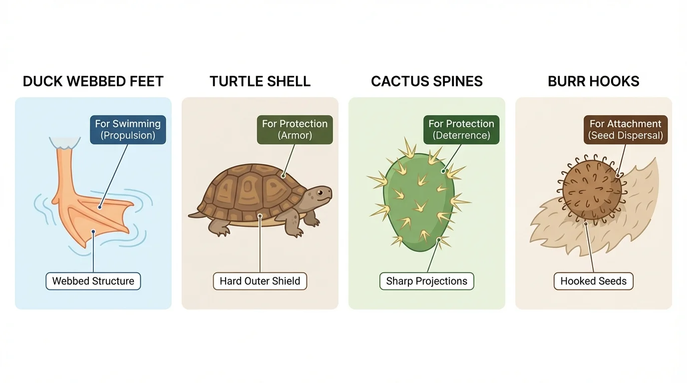 Labeled comparison of duck webbed feet for swimming, turtle shell for protection, cactus spines for protection, and burr hooks sticking to fur