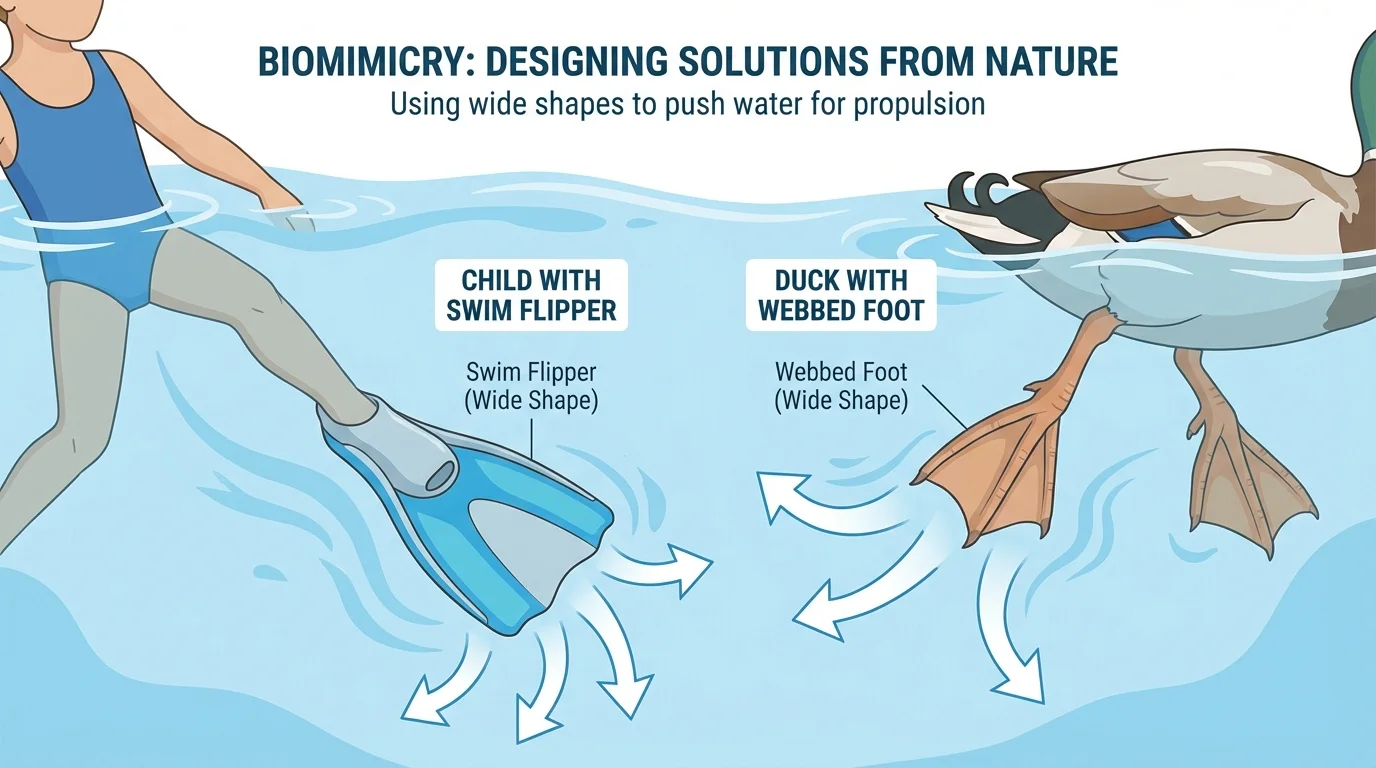 Child swimming with flippers beside a duck foot, both showing wide spread shapes that push water