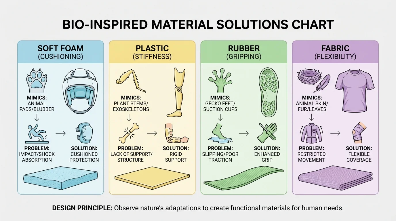Simple materials chart showing soft foam for cushioning, plastic for stiffness, rubber for gripping, and fabric for flexibility