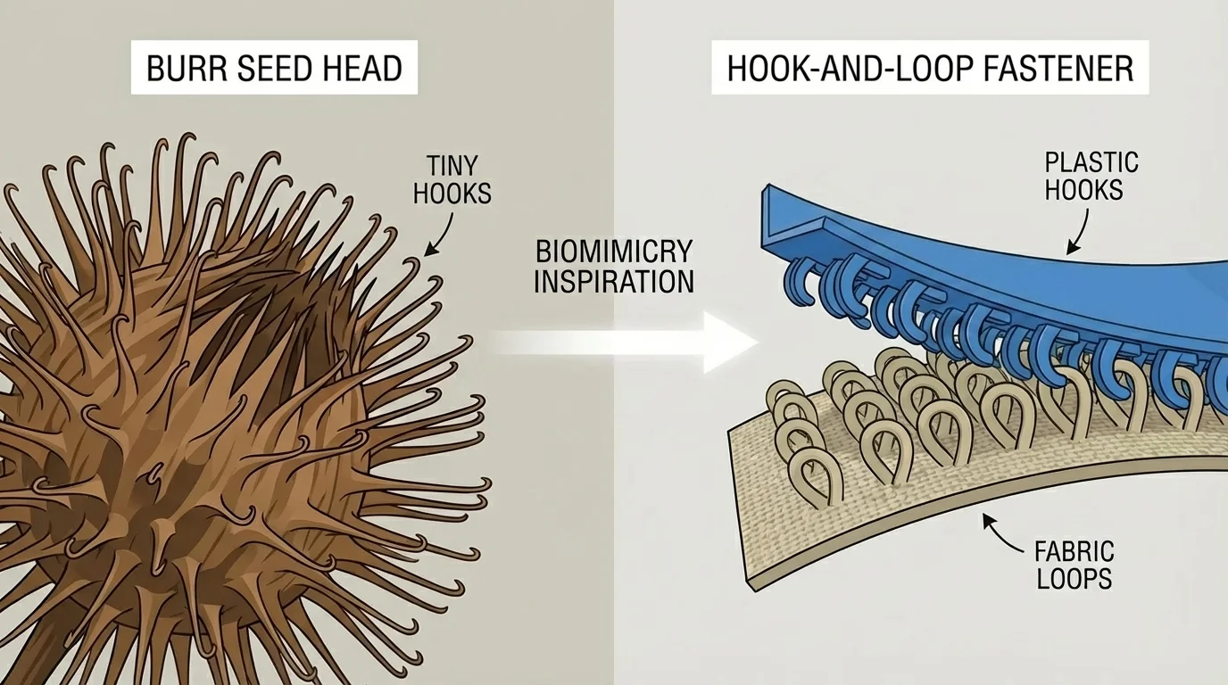 Close view of a burr with tiny hooks next to a strip of hook-and-loop fastener attaching to fabric