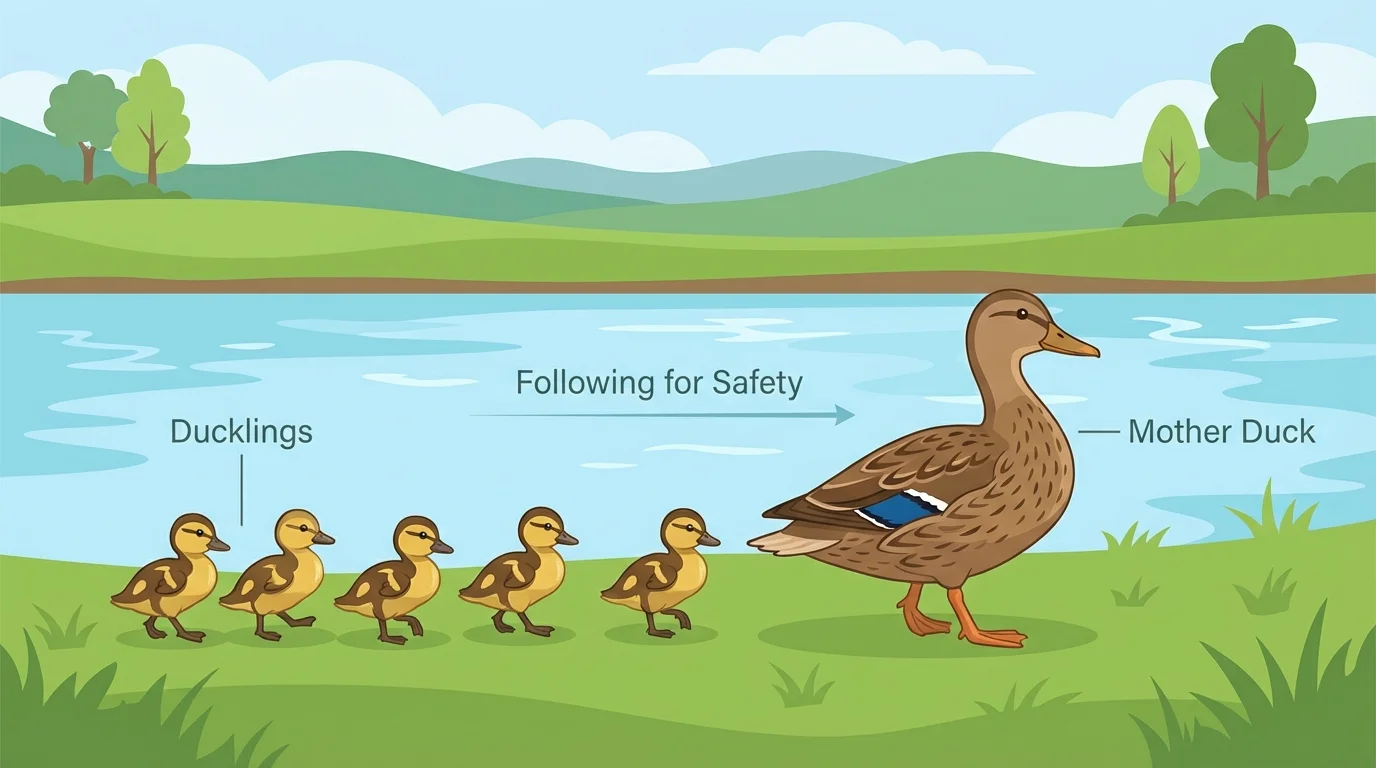 Mother duck walking near water with ducklings lined up behind her, showing offspring following parent for safety
