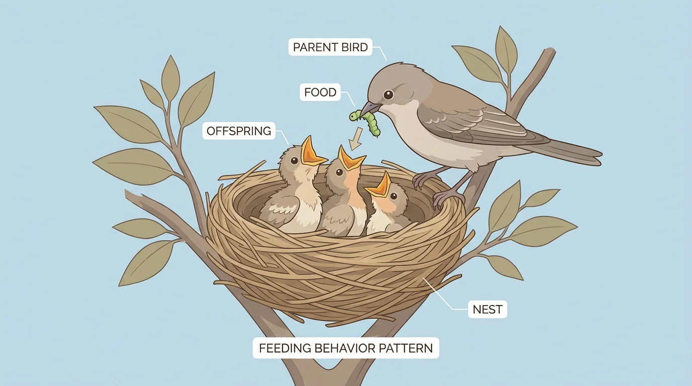 Parent bird at nest placing food into open mouths of baby birds, showing a feeding behavior pattern