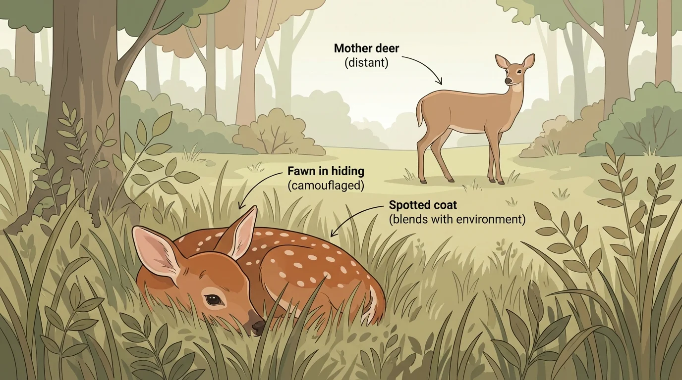 Young deer hidden quietly in grass while its spotted coat blends in, with mother deer farther away